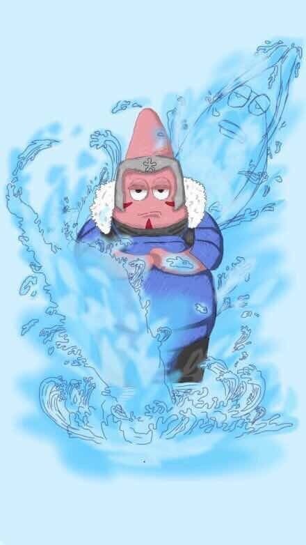 想找一张派大星看着魔人布欧卧举的图