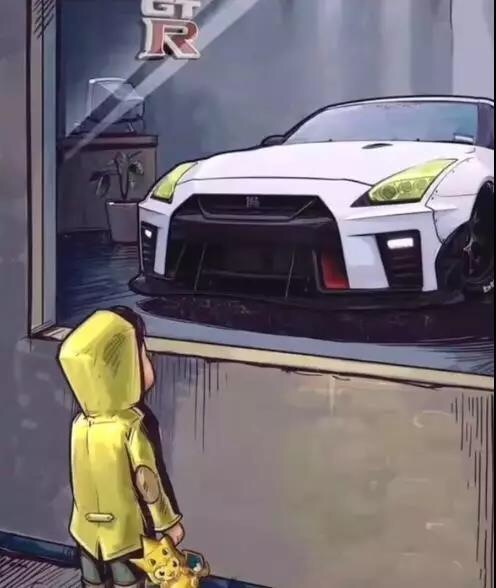 求小男孩橱窗看大众车的图片